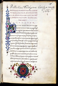 A Cod. 2485 jelzetű corvina, Georgius Trapezuntius Isagoge dialectica... (Florenz, 1460–1480) című munkája az ÖNB állományából.